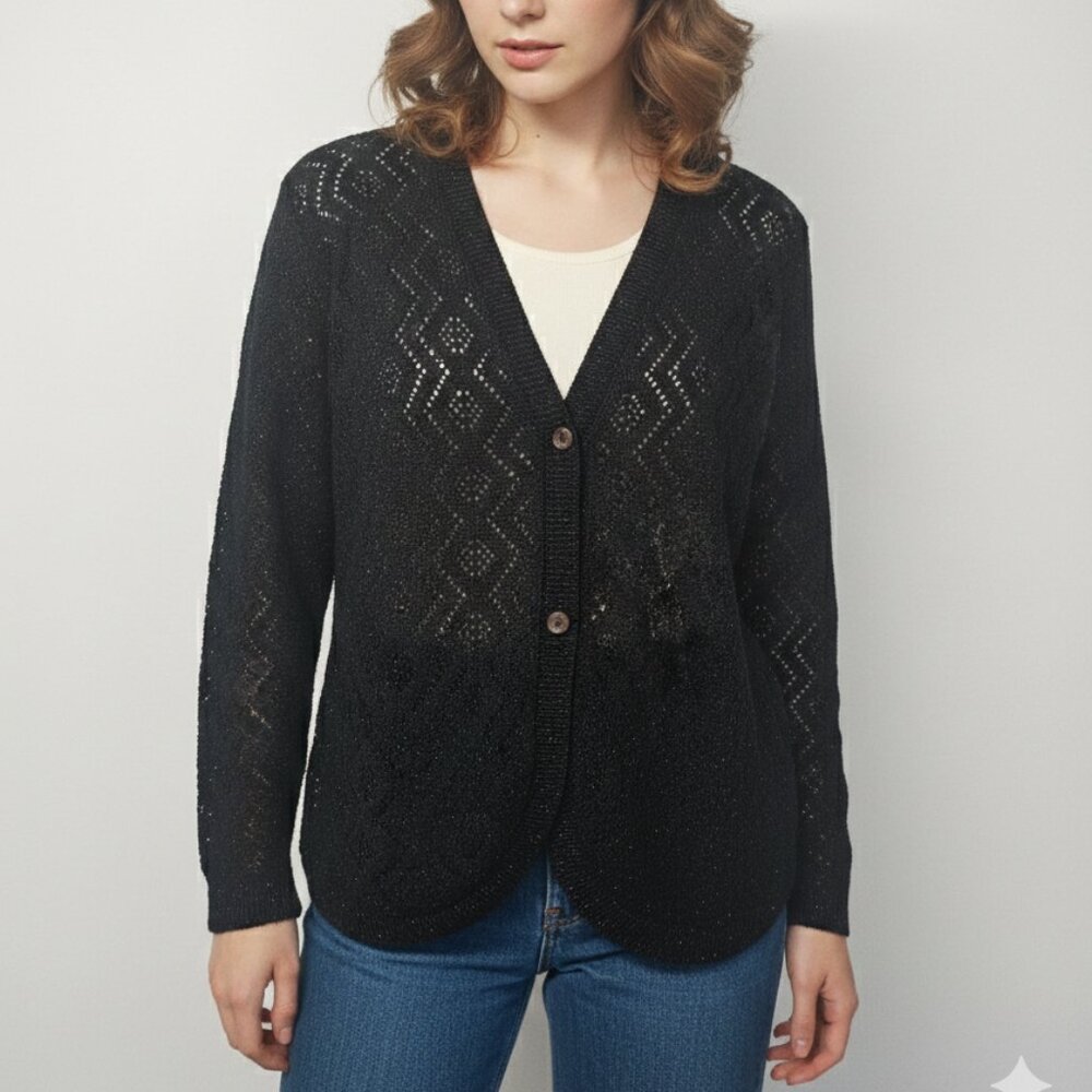 Jason Maxwell Cardigan Sweater Black Pointelle Knit Grunge Retro XL